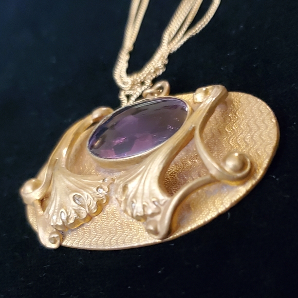 Art Nouveau Plated Cabochon Glass Necklace Antique Converted Brooch 18in - Picture 8 of 13